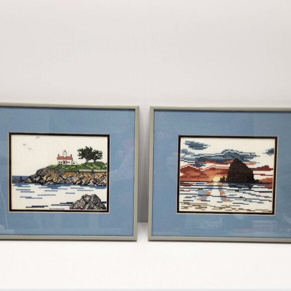 3 Framed Prints Blue Needlepoint Water pictures, Boating Bridge Lighthouse - Picture 5 of 8